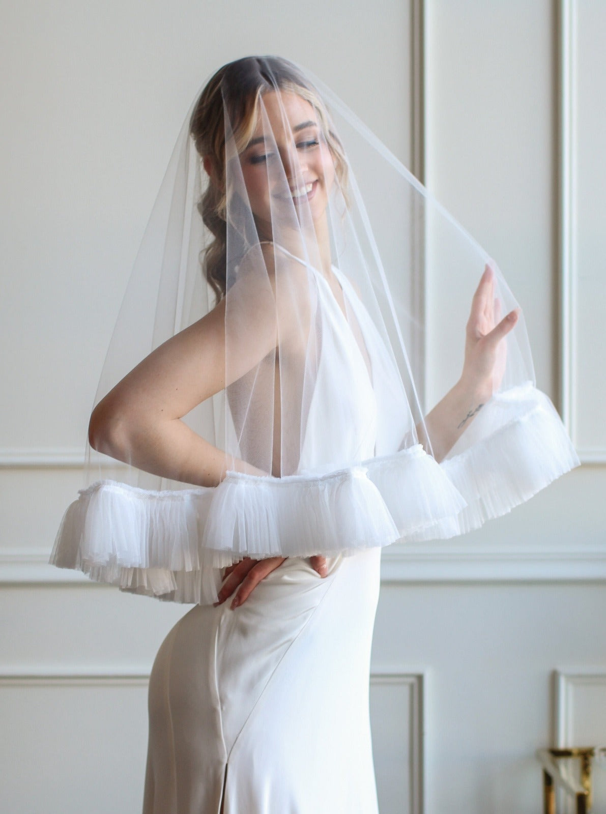 Frilled Ruffles Tulle Bridal Veil Two Layers Modern Custom Made