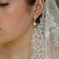 Close-up of a person wearing a delicate pearl earring with a lace veil in the background