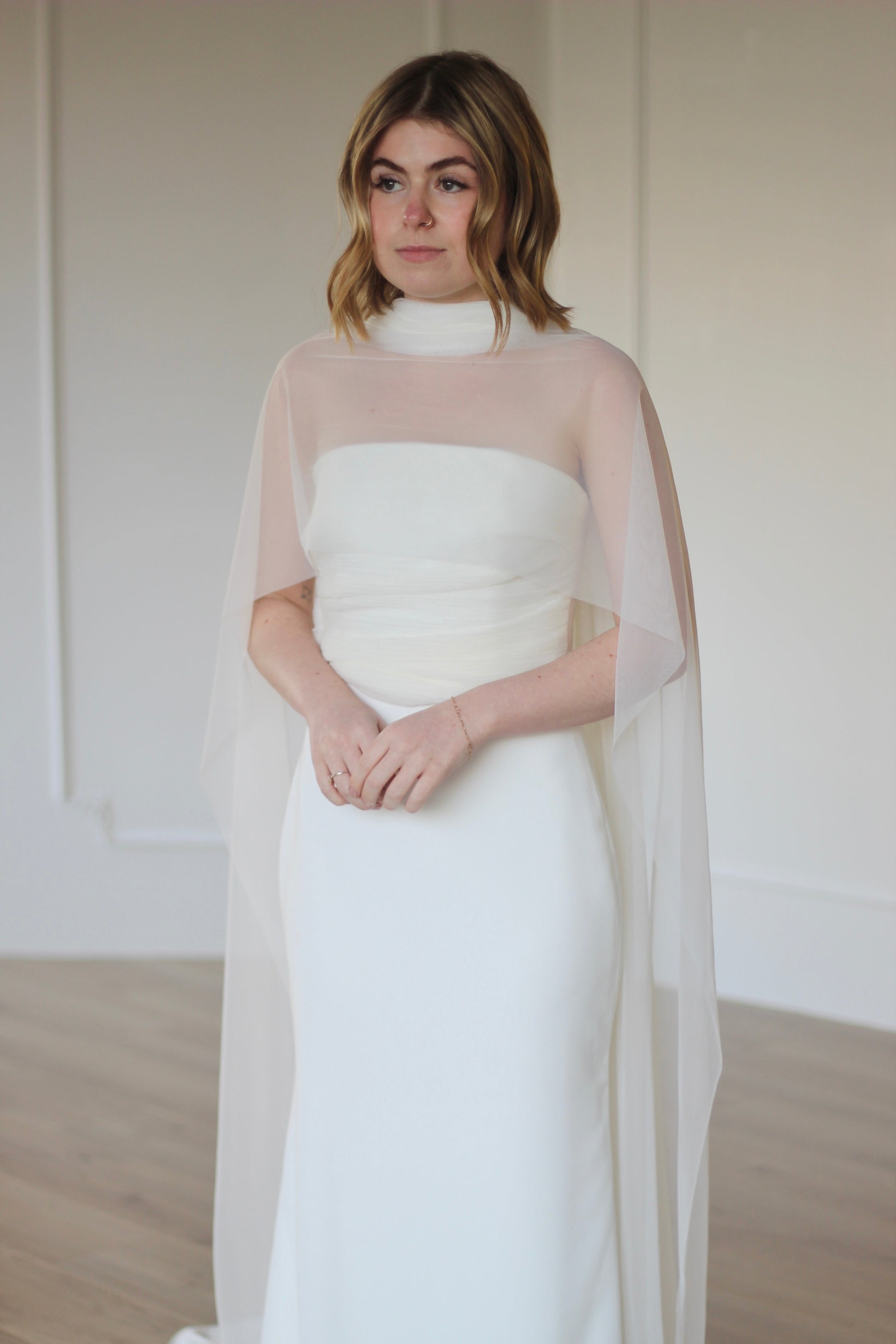 Sheer bridal neck scarf shawl paired with strapless wedding dress