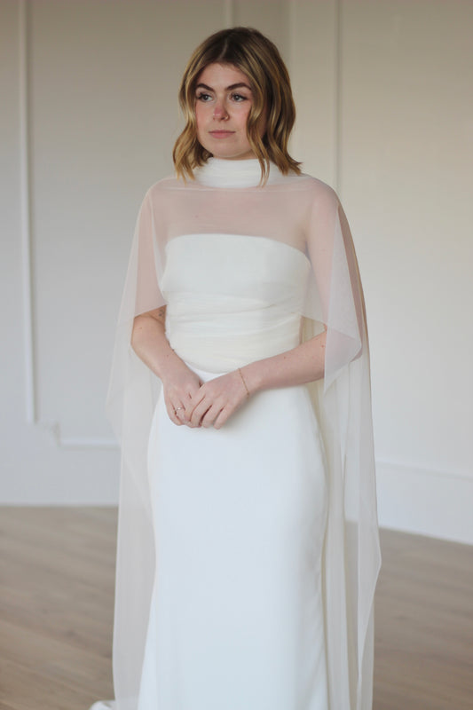 Sheer bridal neck scarf shawl paired with strapless wedding dress