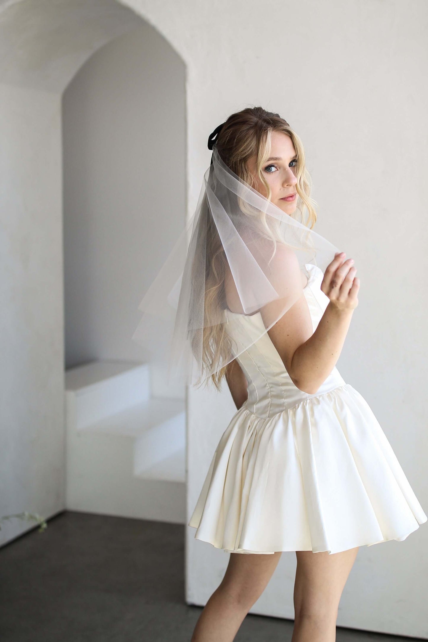 Double Layer Tulle Veil w/ Black Velvet Bow