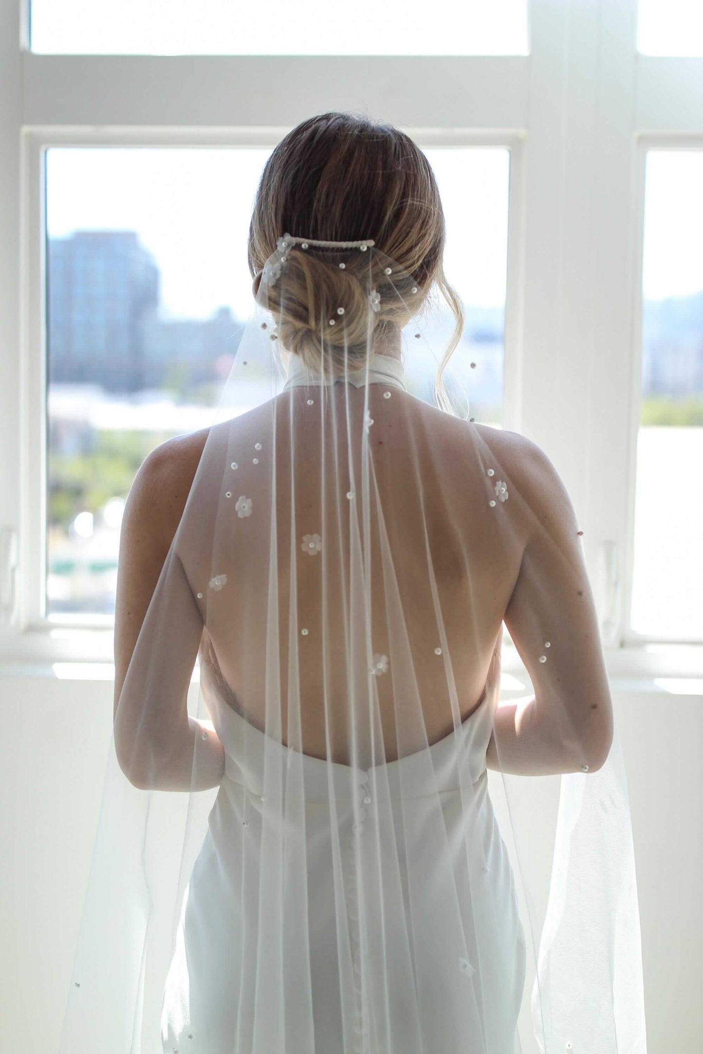 Delicate Pearl and Flower Wedding Veil