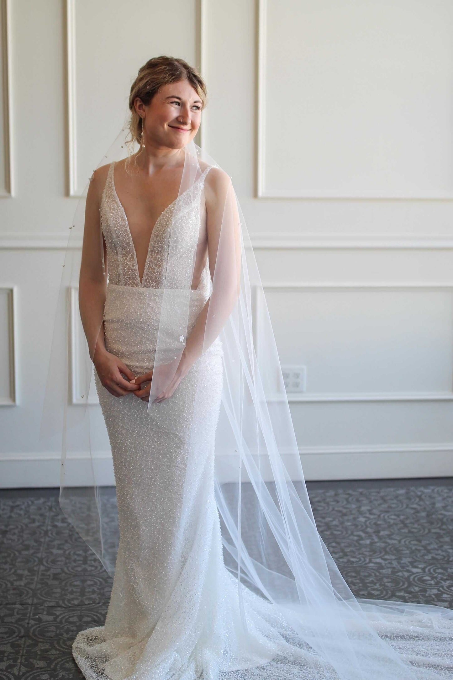 Delicate Pearl and Flower Wedding Veil