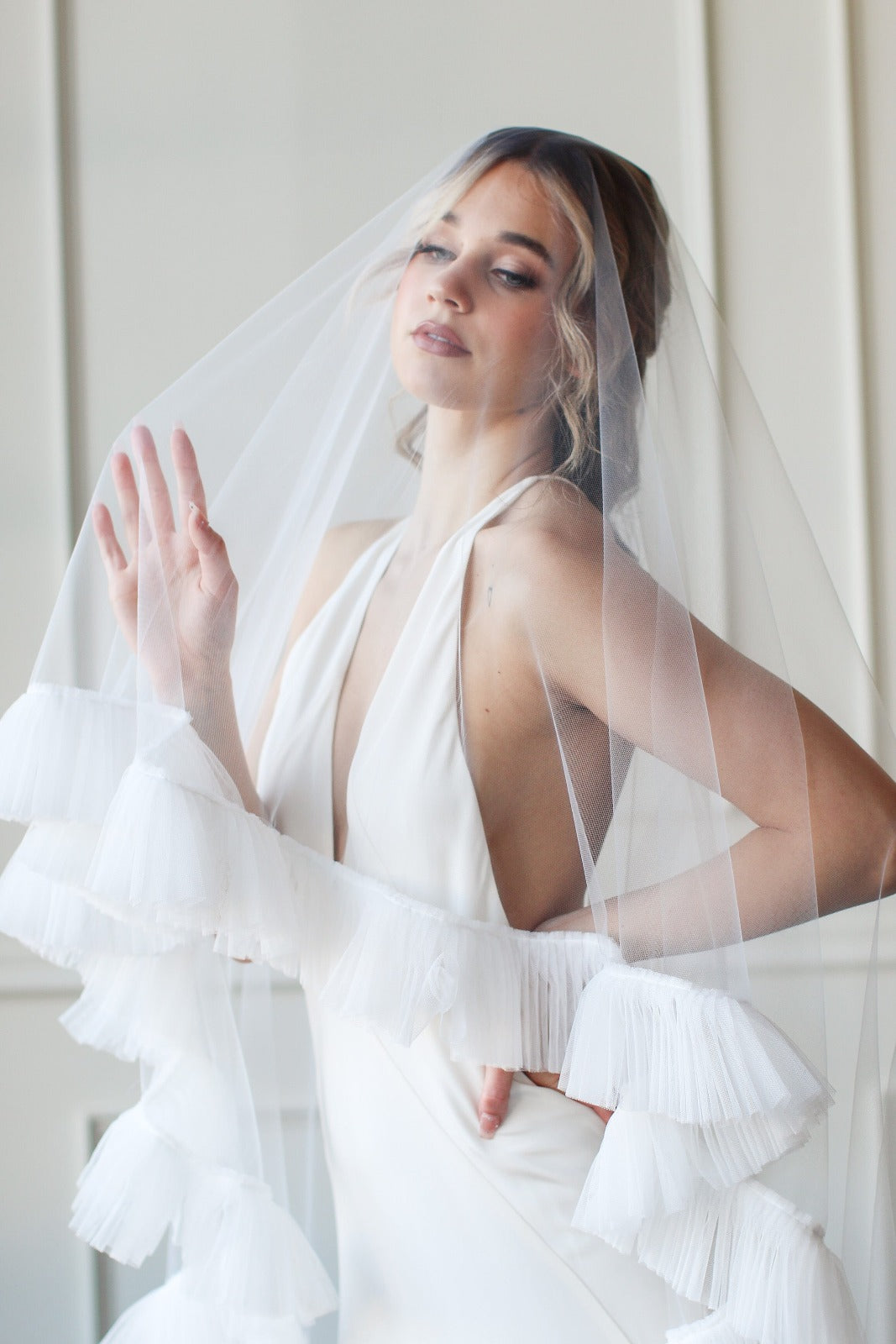 Frilled Ruffles Tulle Bridal Veil Two Layers Modern Custom Made